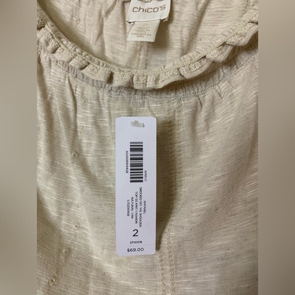 NWT CHICO’S Smocked Off-The-Shoulder Top in Tan. Size 2 (Large or 12) - Picture 6 of 7